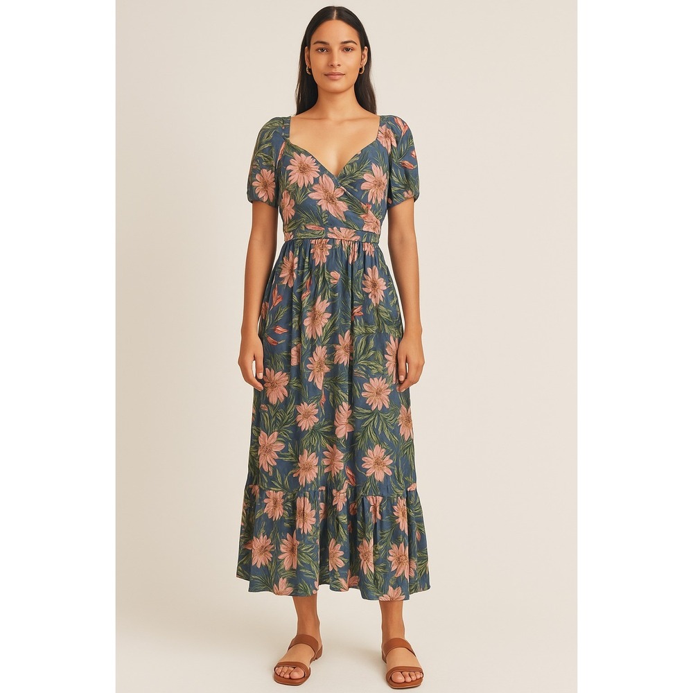 Julia Jordan Puff-Sleeve Fit & Flare Midi Dress Size 10 Gray Pink Floral Print
